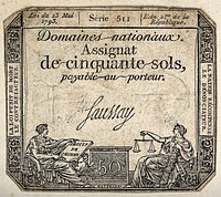 French revolutionary bank note of fifty sols, with allegorical figures of liberty and justice. Engraving by N.M. Gatteaux, 179-.