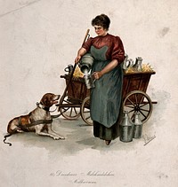 A milkmaid in Dresden pouring milk from a churn into a large mug for the dog who is yoked to the cart carrying milk churns. Colour process print after G. Moré.