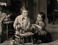 Children playing at being doctors and pharmacists, mother and grandmother approach through a door. Mezzotint by W.J. Edwards after F.D. Hardy.