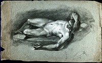 A reclining male nude with his right arm resting on his head and a fiant sketch of a leg. Black chalk drawing by J.J. Masquerier.