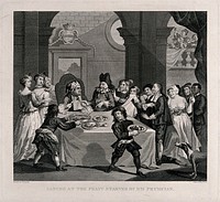 Sancho sits at a table laden with food with his physician Pedro Rezzio surrounded by an assortment of people including two youths who remove the dishes. Engraving by T. Cook after William Hogarth.