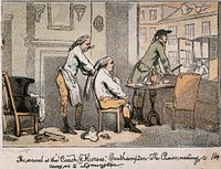 A barber dresses a man's hair in the "Coach & Horses" at Southampton: another man looks out of a window at the arrival of a chaise. Colour process print, 1891, after T. Rowlandson.