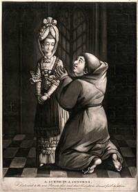 A monk is on his knees in front of a young woman. Mezzotint.