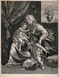 Saint Mary (the Blessed Virgin) with the Christ Child and Saint John the Baptist. Engraving by J. Boulanger after G. Reni.