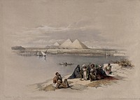 Pyramids at Gîza, seen from the banks of the Nile, Egypt. Coloured lithograph by Louis Haghe after David Roberts, 1846.