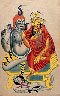 Shiva and Parvati sitting on their throne with Nandi the bull. Watercolour drawing.
