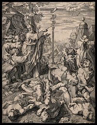 People writhe in pain among the fiery serpents as Moses produces the brazen serpent. Line engraving after F. Fenzoni.
