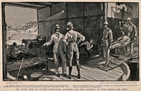 The War in Egypt, Egypt: patients being taken on board one of the Nile steamers. Process print after S.P. Hall after H.H.S. Pearse.