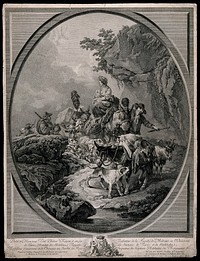 A man is leading a woman and her baby on a donkey with their belongings and a flock of sheep, attended by other people. Engraving by P. Laurent after P.J. de Loutherbourg, ca. 1800.