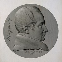 François Magendie. Line engraving after P. J. David d'Angers, 1838.