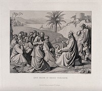 Christ tells the apostles that to be as humble as a child makes one the greatest in the kingdom of heaven. Etching by A. Pflugfelder after J.F. Overbeck, 1846.