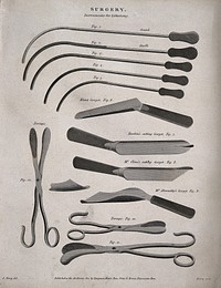 Surgery. Instruments for lithotomy, including Mr. Cline's cutting gorget. Engraving by Wilson Lowry after John Farey.