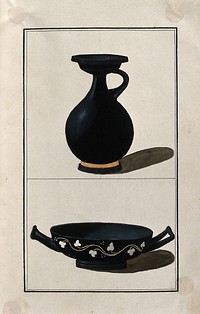 Above, black-ground Greek pouring vessel (lekythos); below, black-ground Greek cup decorated with stylised vine leaves. Watercolour by A. Dahlsteen, 176- .