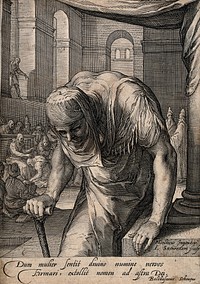 The bowed woman cured by Christ. Engraving by J.P. Saenredam after H. Goltzius, 159- .