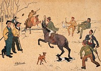 Men on horseback are jumping over a fence with people cheering them on from the side of the road. Colour process print after E.Œ.Somerville.