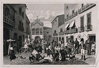 Recife, Brazil: a street with men in high hats and uniform pointing out with long sticks the slaves they wish to purchase. Aquatint by Edward Finden after Augustus Earle.