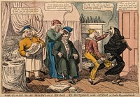 Three doctors representing diet, cheerfulness and rest, defend their patient from death. Coloured etching by C. Williams, 1813.