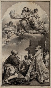 The Virgin Mary and Christ child with Eloi (Eligius), bishop of Oise (and patron saint of Bologna). Drawing by F. Rosaspina, c. 1830, after G. Cavedone, 1614.