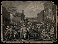 The march to Finchley: English guards, gathering before marching to Finchley to defend London from the troops of Bonnie Prince Charlie, shown in a state of confusion and indiscipline. Etching by L. Sullivan after W. Hogarth.