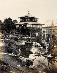 The 1904 World's Fair, St. Louis, Missouri: a Japanese exhibit: the Enchanted Garden and a traditional Japanese house. Photograph, 1904.