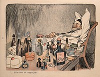 An ailing old man surrounded by medicine bottles and cases moans that his doctor has not given him enough medicine. Colour process print after J-A. Faivre, 1902.