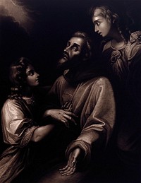 The ecstasy of Saint Francis of Assisi; two angels next to him. Mezzotint by W. Say after L. Carracci, 18--.