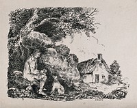 A young man seated under a tree, peeling an apple, with a dog; cottage in the background. Soft-ground etching by S. Jenner.