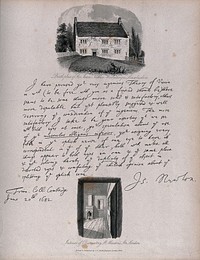 Top, the house where Isaac Newton was born, Woolsthorpe, Lincolnshire; centre, a letter written by Isaac Newton from Trinity College Cambridge, 20 June 1682; bottom, interior of the observatory in Newton's house on St. Martin's Street, London. Etching by C.J. Smith, 1836.