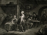 A dingy tavern with backgammon players and an amorous couple observing a pregnant woman as she drinks. Mezzotint by J. Stolker after J. Steen.