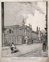 The Hospital of Bethlem [Bedlam] at Moorfields, London: seen from the south, with three people in the foreground. Etching by J. T. Smith after himself, 1814.
