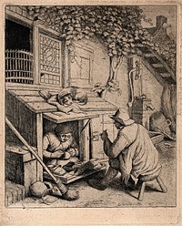 A clog-carver working in a daylight-basement with a window on to the street; another man sits on a stool in the street talking to him while smoking a pipe; a dog sleeps on the roof over the window. Etching by Adriaen van Ostade.