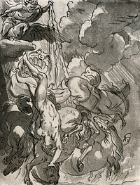 Phaethon surrounded by horses is falling from the sky as Jupiter wearing a crown strikes from above. Aquatint by C.M. Metz after A. van Diepenbeeck.