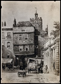 The church of St. Bartholomew the Great; exterior view of the gate house and adjacent streets. Photograph of watercolour drawing by Ernest George.