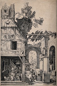 The Holy Family in a stable; a man operates a well outside. Engraving by A. Durer, 1504.