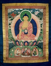 Bhaisajyaguru (the Medicine Buddha) and Padmasambhava (below, centre). Distemper painting by a Tibetan painter.