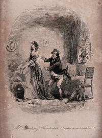 A man is reaching out anxiously to a woman who is tearing up a newspaper. Etching by Phiz. (Hablot K. Browne).