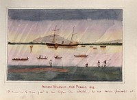Malaya: a ship and many small boats off the coast of Penang Island. Watercolour by J. Taylor, 1879.