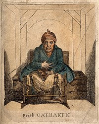 A sick man stranded on the toilet after taking a laxative. Coloured etching after J. Gillray after J. Sneyd.