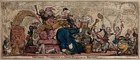 John Bull as a patient, in disarray, reclines on a sofa and receives medical treatment from politicians. Coloured etching by G. Cruikshank, 1813.