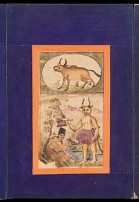 Signs of the zodiac: Taurus, the bull. Gouache painting by an Persian artist.