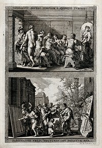 (Above) Zeuxis painting the portrait of Juno from the features of five different women; (below) Parrhasius deceives onlookers with a painting of a veil over a painting, and birds with a painting of grapes. Etching by J.J. von Sandrart after J. von Sandrart.