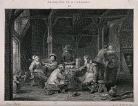 Men and women in a dingy tavern smoking and drinking round a large barrel table. Etching by J. Taylor , c. 1800, after G. van Herp .