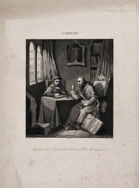 Saint Francis of Sales conversing with the Duke of Lesdiguières. Etching by C.E. Elmerich after A.C.F. Gamen-Dupasquier, 1842.