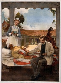 A physician taking the pulse of a male patient with a bandaged head, a nurse is standing near with a bowl, at an outdoor hospital in Korea. Colour process print after J.C.