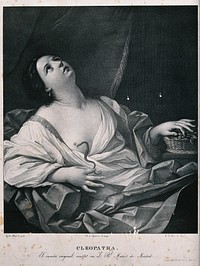 The suicide of Cleopatra: Cleopatra lies on her bed clasping the tail of the asp that just bit her. Lithograph after Guido Reni.