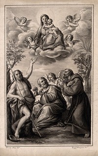 The Virgin Mary with the Christ child in glory above, with Saint John the Baptist, Saint Mark and Saint Francis below. Drawing by F. Rosaspina, c. 1830, after F. Albani.