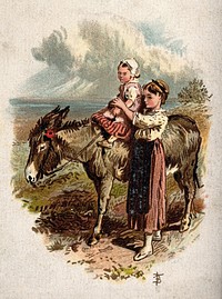A girl takes her younger sister for a ride on a donkey. Chomolithograph.