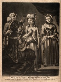 A woman doctor, perhaps a midwife, diagnosing pregnancy in a young woman: her dismayed parents are in the background. Mezzotint, 1778.