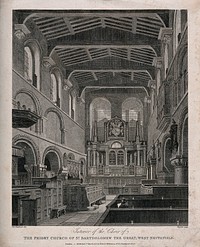 St Bartholomew's Priory, London: the interior looking towards the altar with the artist seated in a pew, drawing. Engraving by B. Howlett, 1822, after T. H. Shepherd, 1821.