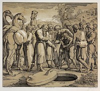 Joseph being sold by his brothers. Colour lithograph by L. Gruner after N. Consoni after Raphael.